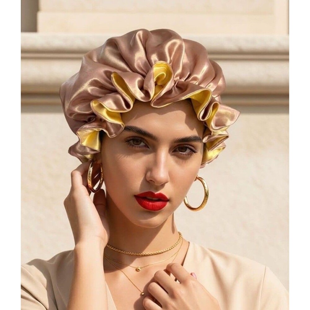 Reversible Satin Sleep Bonnet Hat – Brown & Yellow – Extra Large, Elastic Fit
